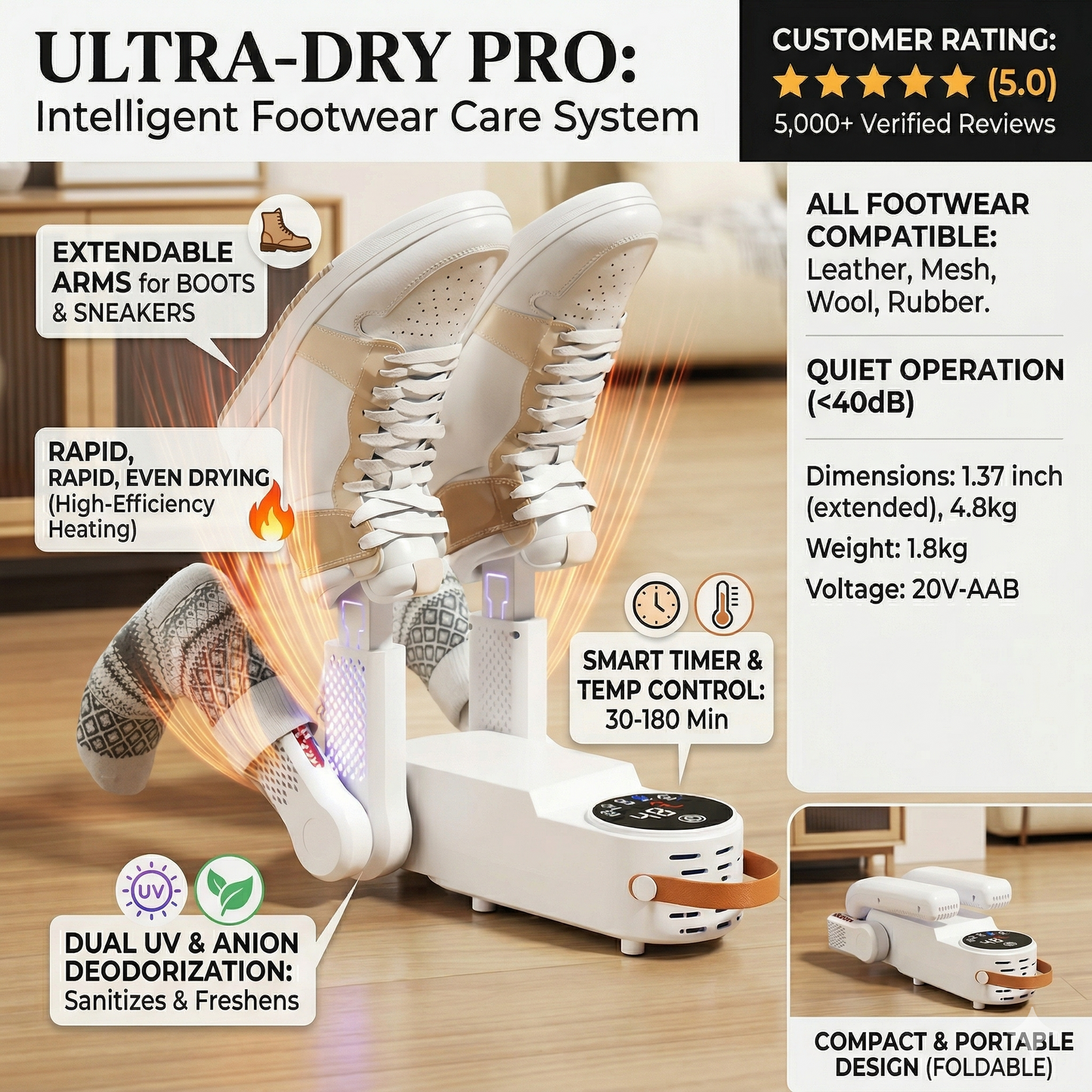 UV Shoe & Boot Dryer with Deep Sanitization, Deodorizer, and Foldable